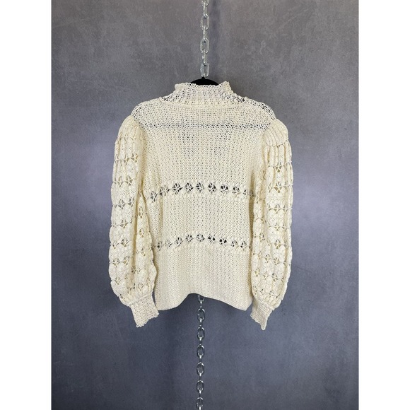 Vintage 1960s Ivory Crochet Puff Sleeve Collared LS Top - Picture 6 of 9